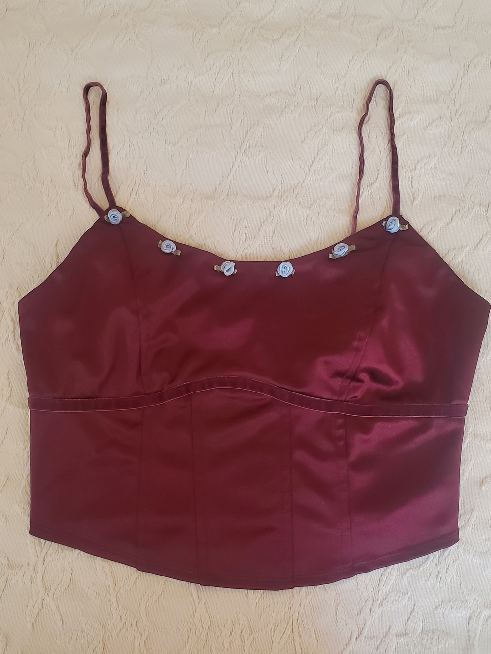 Burgundy Satin Corset Tank Top with Light Blue Roses
